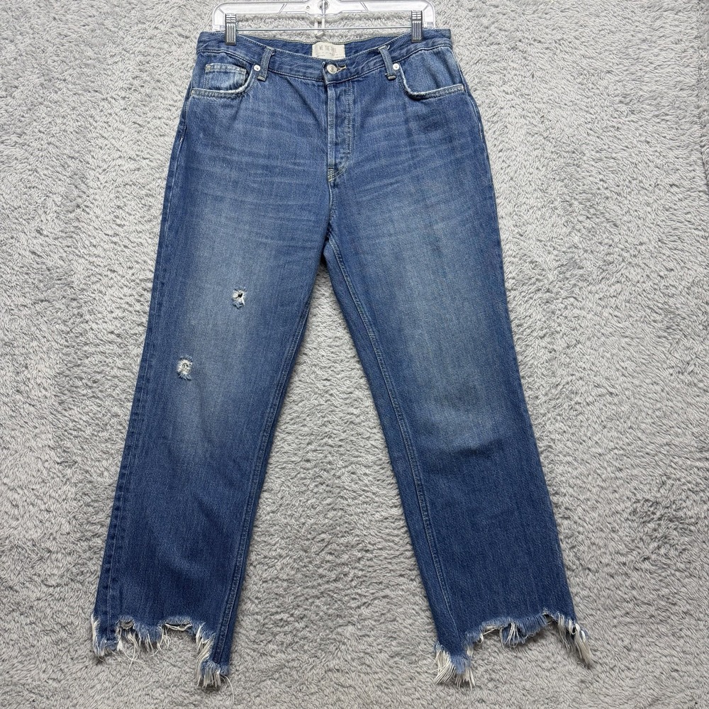 We The Free People Jeans Womens 29 Blue Maggie Button Fly Straight Cropped Fray